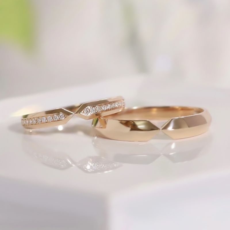 Limited Edition Minimalist Style 10K Gold Couple Rings Matching Diamond Wedding Bands